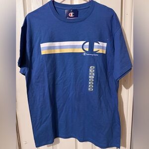 Champion Blue Short-Sleeve Tee with White and Yellow Stripes